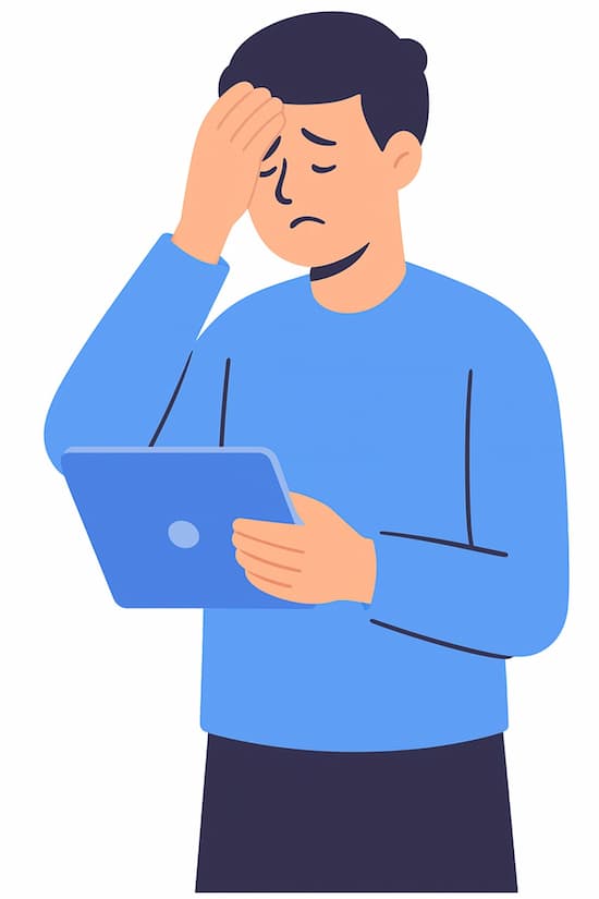 A man with a hand on his head, looking at a tablet in despair